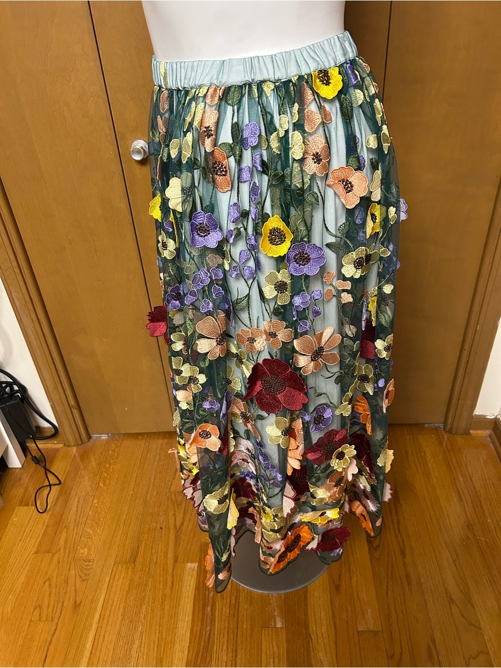 Maeve Seafoam Maxi Skirt with Multicolor Floral Appliqués - Picture 4 of 7